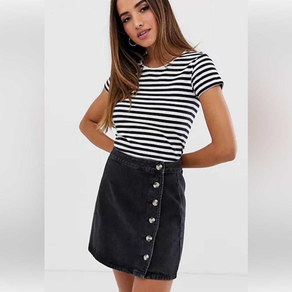ASOS DESIGN denim wrap skirt with side buttons in black